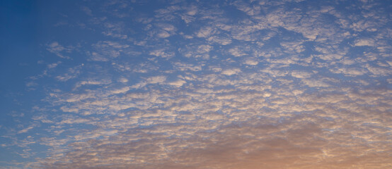 Cirrus cloudscape on blue sky. The evening sunset. Majestic Clouds.