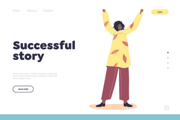 Successful story concept of landing page excited african american woman cheering with hands raised