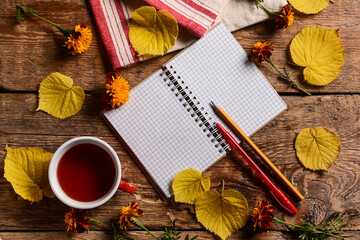 Naklejka na ściany i meble Blank open notebook with pens, cup of tea, fallen leaves and flowers on dark wooden background