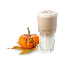 Glass of tasty pumpkin latte on white background