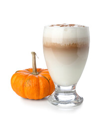 Glass of tasty pumpkin latte on white background