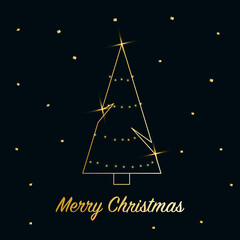 Naklejka premium Sparkling Christmas Tree with shiny dust. Golden metallic outline icon on a dark blue background. Merry Christmas and Happy New Year 2022. Golden Metallic. Vector illustration.