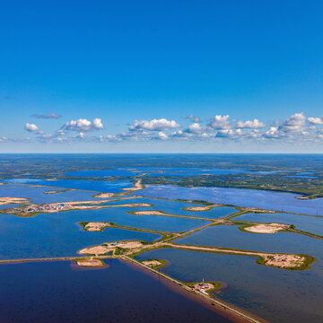Aerial view of oilfield on the Samotlor lake