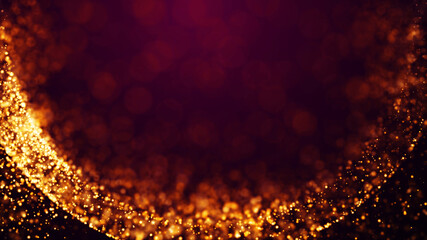 Fototapeta na wymiar Golden red glow particles flicker and float in viscous liquid with amazing bokeh. Fantastic background. Gold magical sparkles of light form abstract structures. 3d render