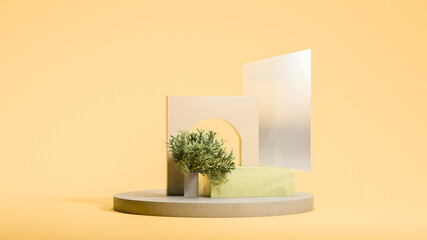 Round gray podium display on the yellow background with small green tree. Natural showcase. Minimal design. 3d rendering.