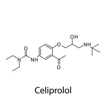 Celiprolol molecular structure, flat skeletal chemical formula. Beta blocker drug used to treat Hypertension, Angina. Vector illustration.