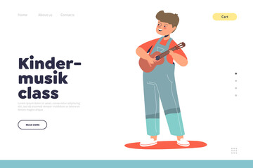 Music class for kids concept of landing page with little boy playing ukulele guitar