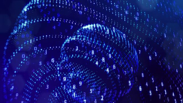 3d loop background, concept of digital data processing, calculation and visualization of computation. Counters of numbers in rows of lines on spheres. Blue digital information bg with numbers. Sci-fi