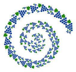 Grapes bunch icon spiral spin mosaic. Grapes bunch items are united into curl design concept. Abstraction curl is designed from randomly allocated grapes bunch items.