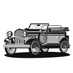 Old car model without roof classic retro style in vector monochrome on white background