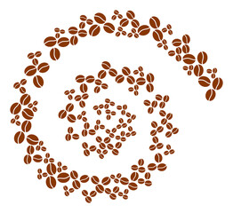 Coffee beans icon spiral mosaic. Coffee beans symbols are arranged into cycle mosaic structure. Abstraction spiral done from scatter coffee beans symbols.