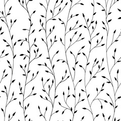 Branch and leaves thin black on a white background pattern                                         
