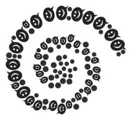 Happy message icon spiral motion mosaic. Happy message items are scattered into twist mosaic structure. Abstract curl created from scattered happy message items.