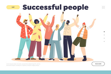 Successful people concept of landing page with group of happy excited multi ethnic young adults