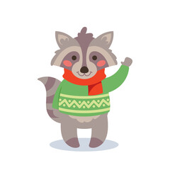 Raccoon Wear Funny Winter Sweaters and Scarf Waving Hand Greeting New Year or Christmas. Cute Animal Cartoon Character