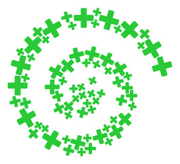 Green cross icon spiral mosaic. Green cross symbols are combined into whirlpool vector illustration. Abstraction curl combined from scattered green cross symbols.