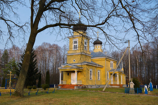 Old ancient wooden church of St Paraskeva Friday in autumn. Bolota village, Kobrin district, Brest region, Belarus.