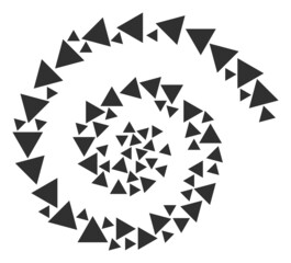 Triangle icon spiral twist composition. Triangle icons are shaped into twirl design concept. Abstraction spiral is done from randomly allocated triangle icons.