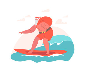 Santa Claus Character Wearing Christmas Hat and Red Shorts Surfing Ocean Wave on Surf Board. Tropical Summer Vacation