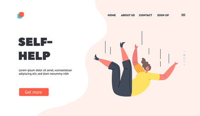 Self Help Landing Page Template. Unhappy Woman Falling Down, Sad Depressed Character. Girl in Despair Fall After Failure