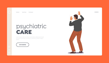 Psychiatric Care Landing Page Template. Scared Character with Raised Hands Afraid of Something, Protecting from Beatings