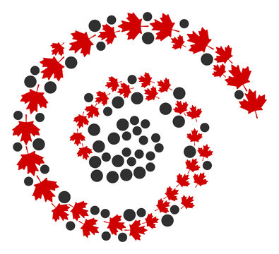 Maple leaf icon spiral twirl composition. Maple leaf items are arranged into spiral vector illustration. Abstraction spiral is organized from scattered maple leaf items.