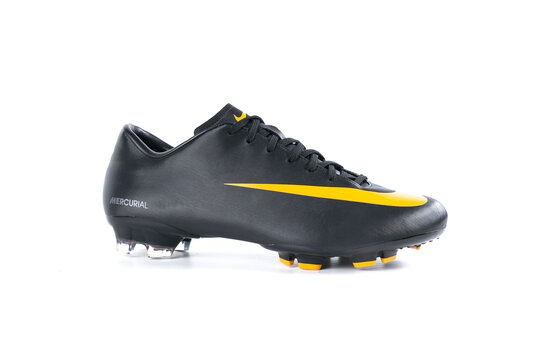 Afife, Portugal - December 21, 2017: Nike football boots. Nike, multinational company. Isolated on white. Product shots
