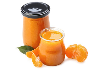 Jars of tasty tangerine jam on white background
