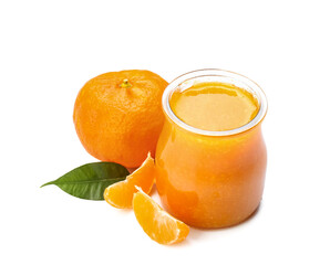 Jar of delicious tangerine jam on white background