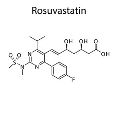 Rosuvastatin molecular structure, flat skeletal chemical formula. Statin drug used to treat Blood cholesterol, Hyerplipidemia, High LDL. Vector illustration.