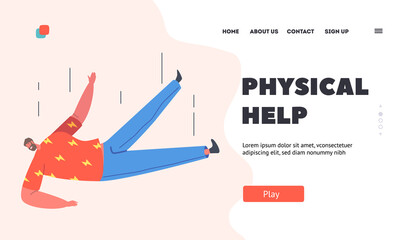 Physical Help Landing Page Template. Sad Frightened Male Character Falling Down, Despair or Broken Heart, Unhappy Person