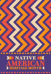 Native American Heritage Month. American Indian culture. Celebrate annual in in November in United States. Tradition Indian pattern. Poster and banner. Vector authentic ornament, ethnic illustration