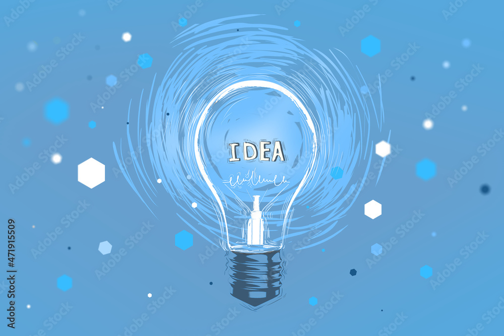 Poster creative blue light bulb sketch on blurry bokeh background. idea, innovation and success concept. 3d