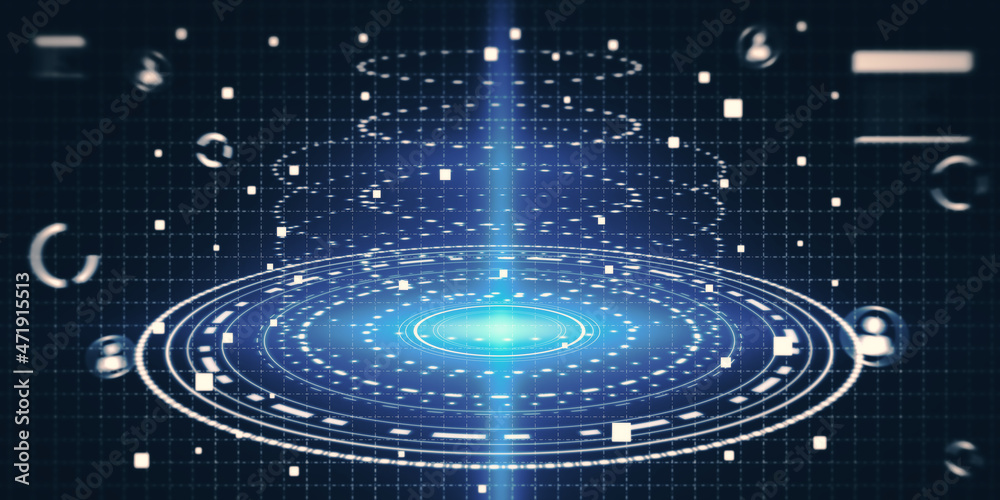 Poster Abstract creative gaming interface on blue sky texture. Hud and virtual reality concept. 3D Rendering.