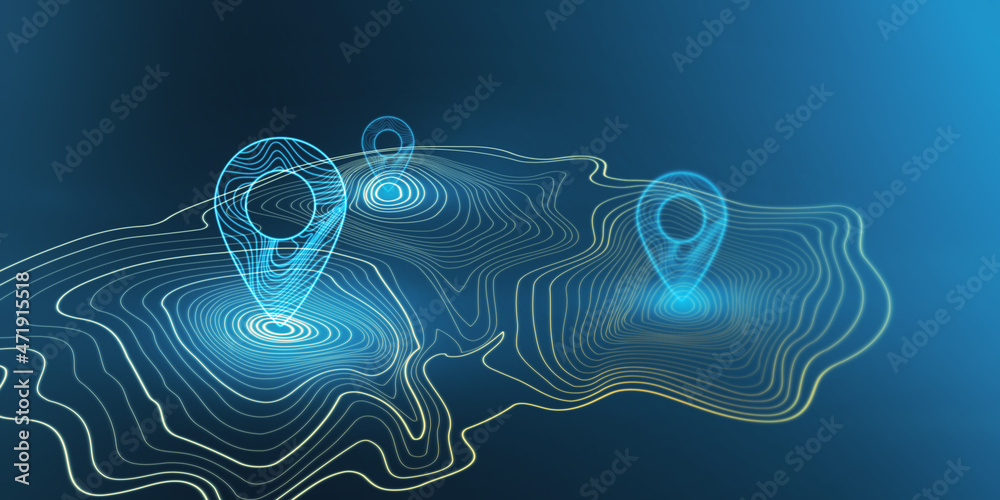 Poster abstract glowing map geoposition with marker on dark blue wallpaper. travel and direction concept. 3