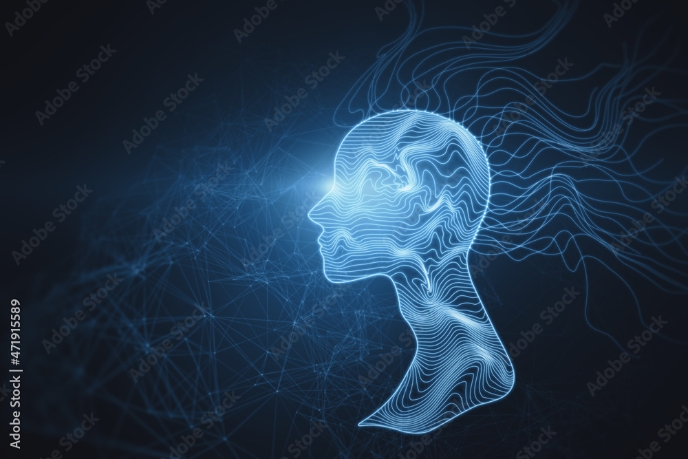 Aufkleber creative glowing polygonal head and waves on dark background. artificial intelligence, science and t