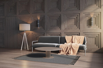 Modern cozy living room interior with sofa, blanket, coffee table, rug, lamp and wooden flooring. Lifestyle concept. 3D Rendering.