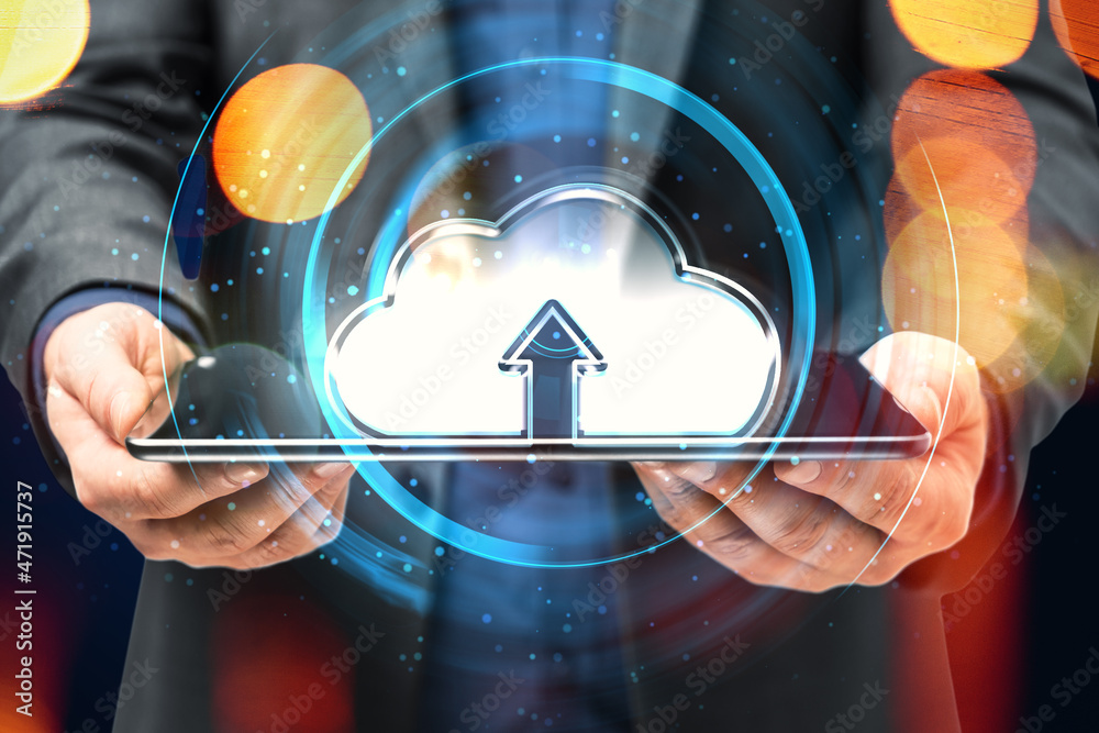 Poster Businessman hands holding pad with creative cloud upload round hologram on blurry bokeh background. Cloud computing and database concept. Double exposure.