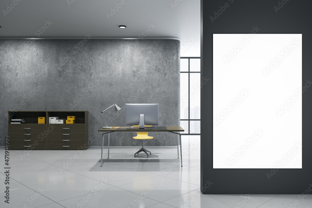 Aufkleber modern concrete office interior with empty white mock up frame on wall, desktop and computer, other 