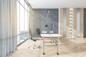 Contemporary wooden office interior with window and city view, daylight, furniture and various objects. Workplace concept. 3D Rendering.