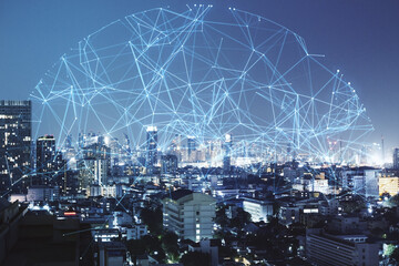 Creative night city backdrop with polygonal sphere. Communication, urbanization and global business concept. Double exposure.