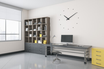 Modern white office interior with bookcase, window with city view, workplace with computer, other items and concrete flooring. 3D Rendering.
