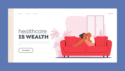 Healthcare Landing Page Template. Woman Sitting on Couch Touch Belly, Appendicitis, Health Problem, Stomach Disease
