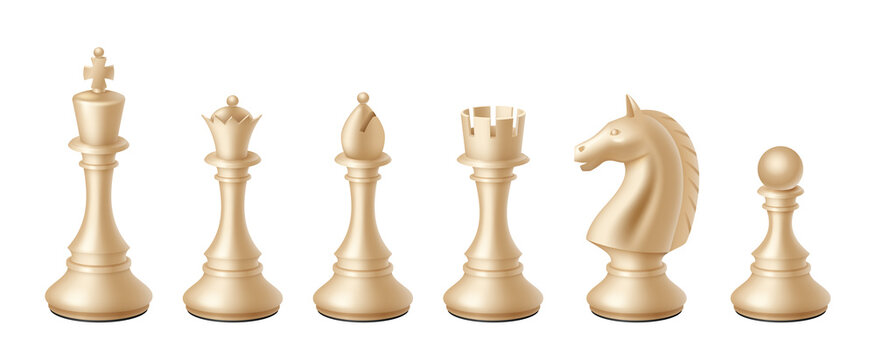 Realistic white chess pieces icons. Chessmen, queen and king, horse, rook, bishop and pawn