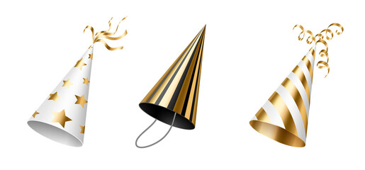 Party hats with gold and black stripes, dots and stars for birthday celebration - obrazy, fototapety, plakaty