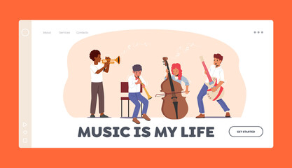 Children Play Music Landing Page Template. Students with Various Instruments Trumpet, Double Bass, Bassoon and Guitar