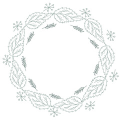 Silver floral round frame decorated with hand drawn delicate branches and leaves. Vector isolated.