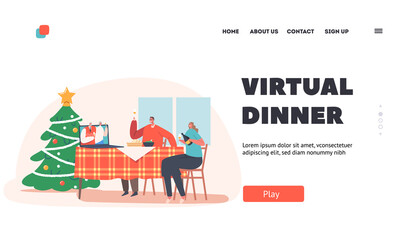 Virtual Dinner Landing Page Template. Christmas Online, Family Celebrate Xmas Remotely. Distant Holiday Celebration