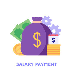 Bag with money. Concept of salary payment, salary increase, rise, businessman, financial growth. Vector illustration in flat design
