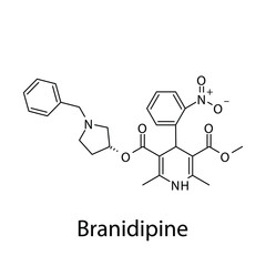 Branidipine molecular structure, flat skeletal chemical formula. Calcium channel blocker CCB Dihydropyridine drug used to treat Hypertension. Vector illustration.